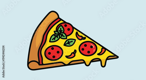 Cartoon pizza slice with pepperoni, basil, chili and melted cheese