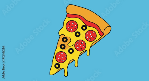 Cartoon pizza slice with pepperoni and olives on blue background