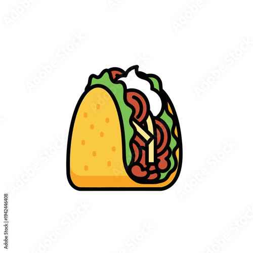 Cartoon taco with hard shell, lettuce, meat, cheese, sour cream