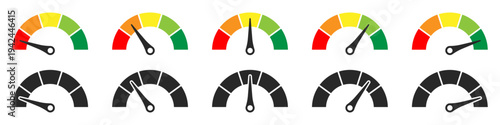 Speedometer icon set or Tachometer icon concept of dashboard, gauge, meter, speed, indicator, performance, dial, level, control, measurement Vector illustration