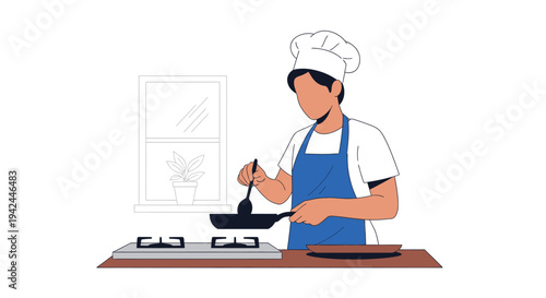 Chef cooking food in frying pan on kitchen stovetop