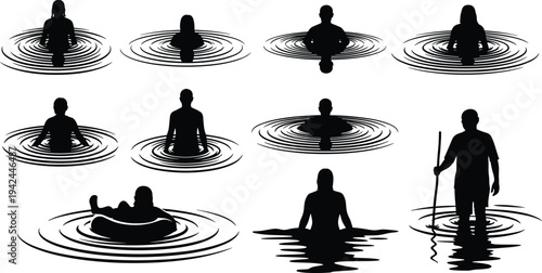 People swimming and relaxing in water silhouette vector set featuring men and women wading, floating in inner tubes, and standing in rippling water.