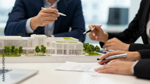 Professional architects and developers discussing sustainable commercial building model in office meeting