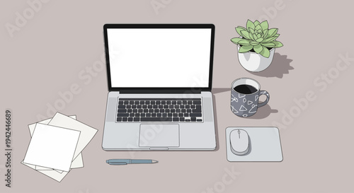 Clean flat lay desk workspace with laptop, coffee, and plant