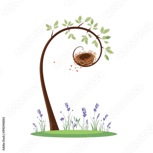 Minimalist Tree with Hanging Bird Nest and Floral Grass Nature Illustration