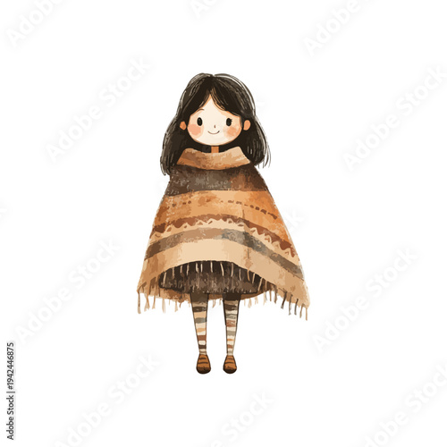 woman wearing poncho hand drawn vector illustration