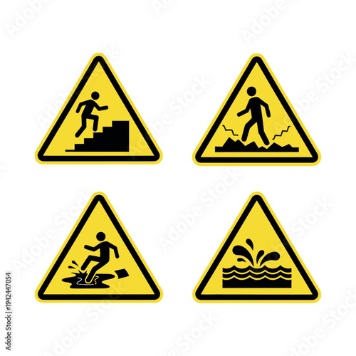Collection of Four Yellow Triangle Warning Symbols Showing Workplace Dangers, Staircase Hazard, Uneven Ground, Slipping Risk, and Water Hazard, Industrial Safety Signage Isolated on White