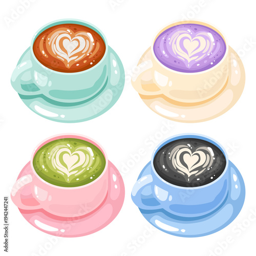 Cute variety latte art, coffee, matcha, charcoal, taro flavor
