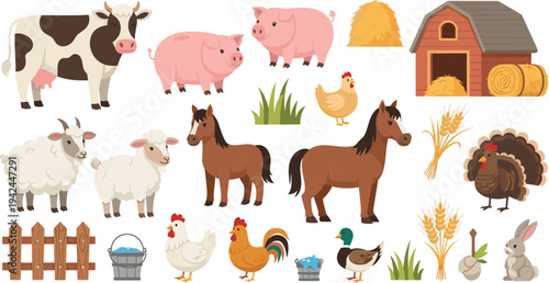 Farm Domestic Animals Cartoon Vector Collection with Cow, Pig, Sheep, Horse, Chicken, Turkey, Duck and Barnyard Farming Elements