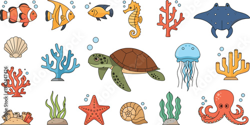 Colorful Underwater Coral Reef Marine Life Vector Icon Set with Tropical Fish, Seahorse, Turtle, Jellyfish, Octopus, Starfish, Coral and Ocean Elements
