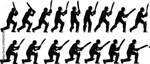 Baseball player swing sequence silhouette set showing batting motion stages, sports training movement illustration, athlete action vector isolated background