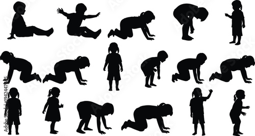 Child development silhouettes illustration, growth stages artwork, crawling standing walking design, early childhood milestones concept, educational motor skills graphic
