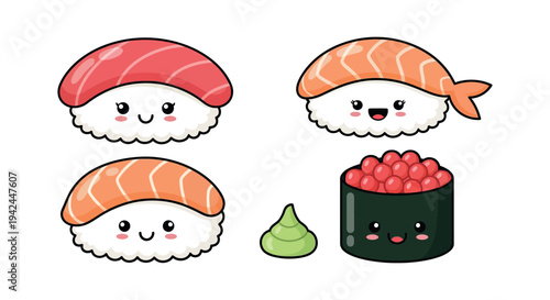 Cute Kawaii Sushi Nigiri Characters with Tuna and Salmon Toppings, Smiling Happy Faces, Adorable Japanese Food Mascot Style, Playful Flat Vector Illustration Isolated on White