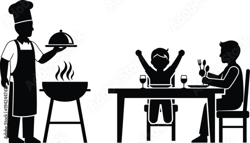 Chef serving barbecue and family dining silhouettes, restaurant cooking service, happy people eating dinner, food lifestyle illustration vector