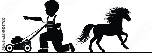 Child silhouette mowing lawn with push mower while wild horse running, playful countryside imagination concept illustration black vector isolated background