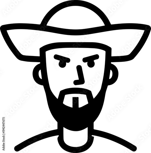 Hand Drawn Male Pirate Black and White Avatar Illustration in Minimal Line Art Style Design