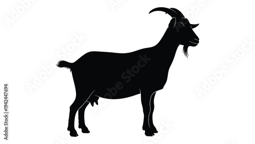 Silhouette of a male goat standing in profile against a white background