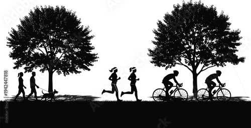 Outdoor park activity silhouette vector featuring people walking their dog, athletes jogging, and cyclists riding bikes under lush green trees on a summer day.