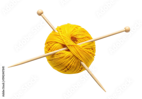 Bright yellow ball of wool yarn with two wooden knitting needles crossed on top, crafting supplies for knitting and hobbies, isolated on transparent background