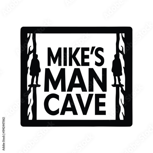 Mike’s Man Cave Personalized Decorative Sign- Black silhouette decorative sign reading Mike’s Man Cave with ornamental frame, symbolizing a personalized hobby room, garage lounge, or relaxation space