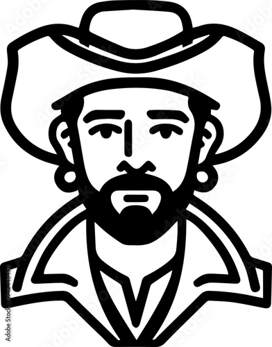 Hand Drawn Male Pirate Black and White Avatar Illustration in Minimal Line Art Style Design