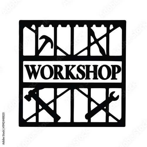 Workshop Tools Sign With Wrench and Hammer- Black silhouette decorative workshop sign with wrench and hammer tools around the word Workshop, symbolizing DIY repair, carpentry, and garage workspace.