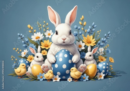 Easter bunny and chicks with flowers and eggs on blue background