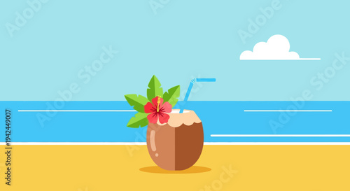 Coconut drink with hibiscus flower on a sunny tropical beach