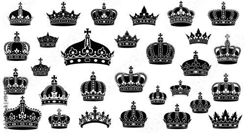 Collection of black crown silhouettes on white background