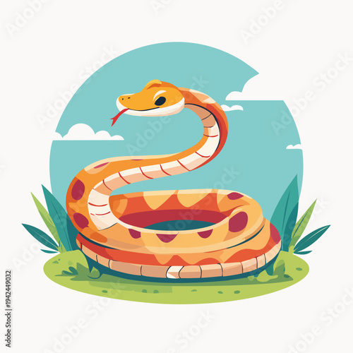Coiled orange snake illustration on grass under blue sky