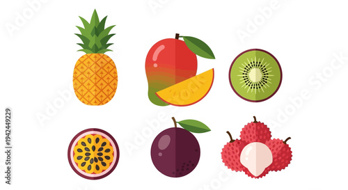 Colorful flat design tropical fruits vector icons collection