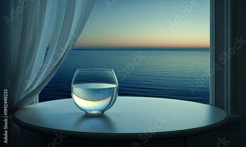 Calm blue hour ocean backdrop with minimalist white table and perfectly still water surface reflecting gentle evening light