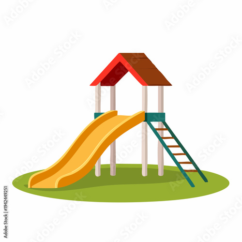 Colorful playground slide with ladder and roof on green grass