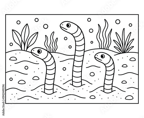 Three cute cartoon sea snakes in sand with plants underwater coloring page