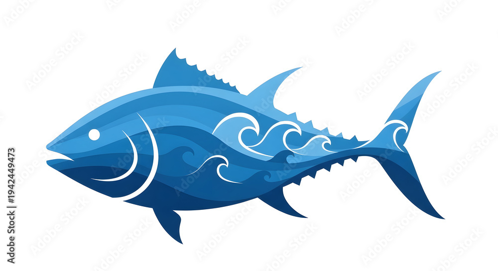 Fototapeta premium Blue tuna fish with white waves on body isolated on white background