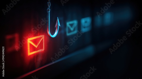 A glowing red email icon is targeted by a fishing hook, symbolizing phishing attacks and cybersecurity threats in a digital environment.