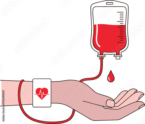 Blood transfusion IV bag connected to patient hand healthcare medical treatment concept vector illustration hospital emergency life saving procedure