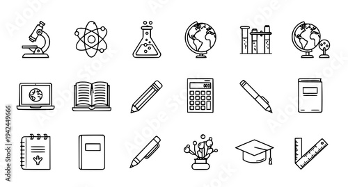A set of educational icons including a microscope, globe, and calculator