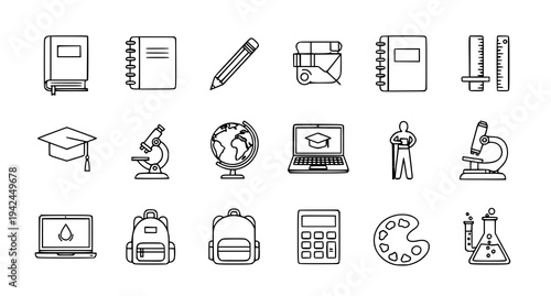 A set of educational icons including school supplies and academic tools