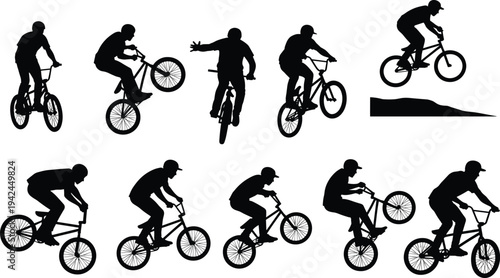 BMX rider silhouettes set showing cyclist performing freestyle bike tricks and jumps isolated black vector illustration collection for extreme sport design