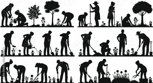 Gardening silhouette vector set featuring men and women planting flowers, watering plants, digging soil, and pruning trees for backyard landscaping and hobby concepts.