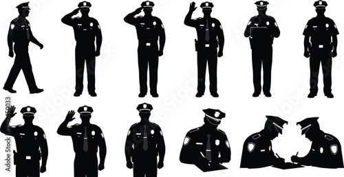 Police officer silhouette vector set featuring law enforcement personnel in uniform saluting, walking, standing guard, and writing reports for public safety and security concepts.