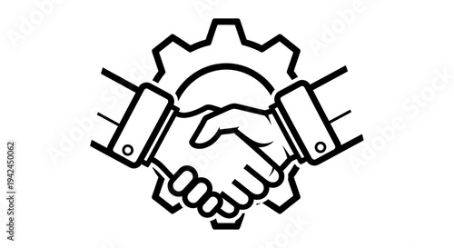 Collaborative business handshake with gears symbolizing partnership, teamwork, and industrial collaboration across professional settings.