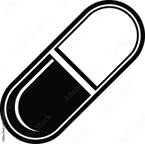 Black and White Pill Icon Medical Capsule Symbol Healthcare Concept Isolated on White Graphic Design