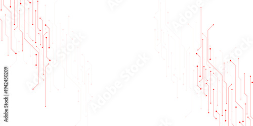 Vector Technology connected red lines and dots with electronics elements on tech bg. Digital technology futuristic internet network speed connection white background.