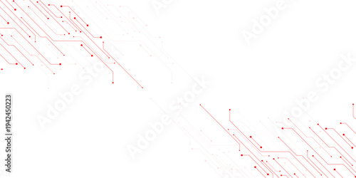 Vector Technology connected red lines and dots with electronics elements on tech bg. Digital technology futuristic internet network speed connection white background.