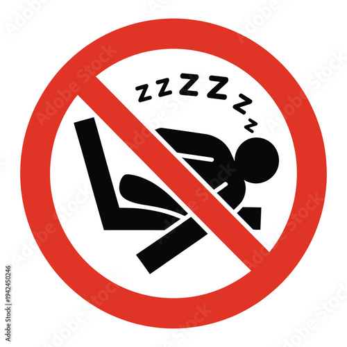 Red prohibition sign showing person sleeping on seat with zzz text representing no napping or no sleeping rule in public area vector