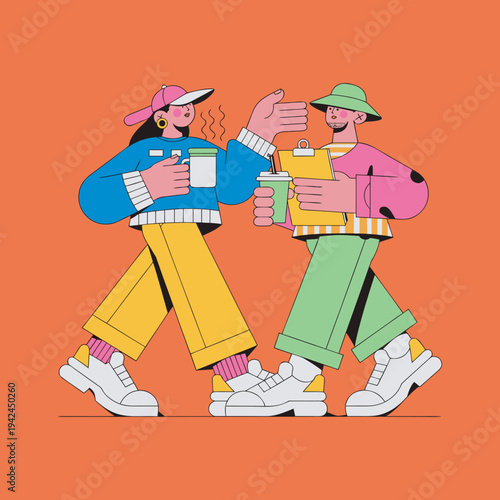 Trendy Young People Walking With Coffee and Clipboard Street Style Flat Vector Illustration