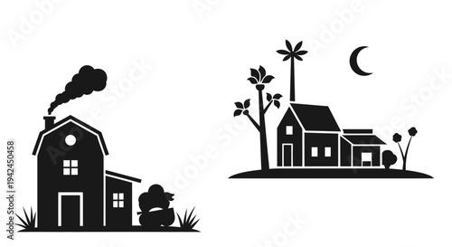 Silhouettes of houses with trees and moon in night sky