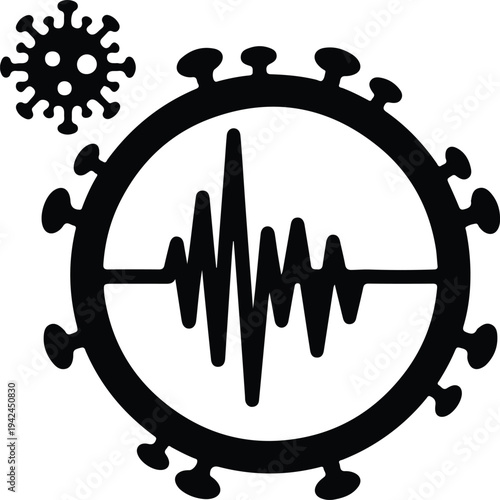 Vector medical heartbeat pulse wave inside a round coronavirus molecule silhouette design
